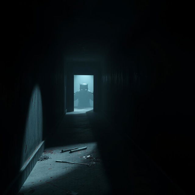 A chilling scene in a dark, eerie hallway of a game setting