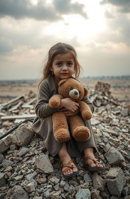 A poignant scene featuring an 8-year-old girl sitting on the rubble of a collapsed building, tears streaming down her face