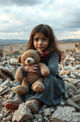 A poignant scene featuring an 8-year-old girl sitting on the rubble of a collapsed building, tears streaming down her face