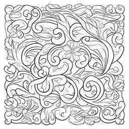 A coloring book page filled with large, elegant flourishes consisting of clean and precise lines, making for a simple yet sophisticated design