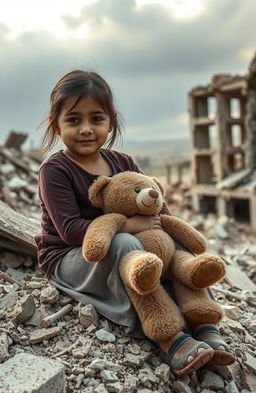 A poignant scene featuring an 8-year-old girl sitting on the rubble of a collapsed building, tears streaming down her face