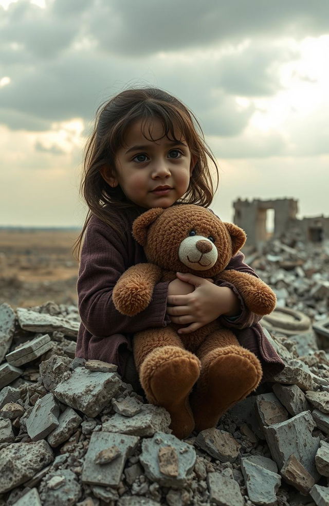 A poignant scene featuring an 8-year-old girl sitting on the rubble of a collapsed building, tears streaming down her face