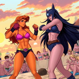 A dynamic and action-packed scene depicting Starfire and Raven engaging in a friendly boxing match while wearing colorful bikinis