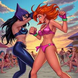 A dynamic and action-packed scene depicting Starfire and Raven engaging in a friendly boxing match while wearing colorful bikinis