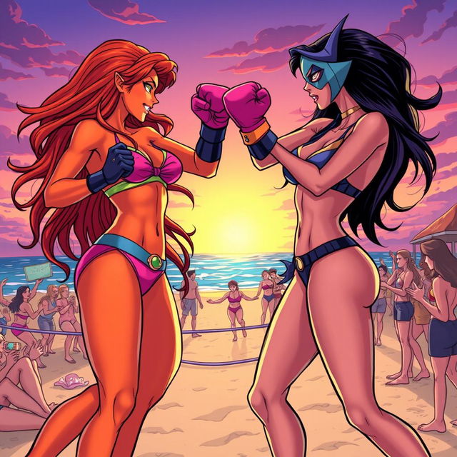 A dynamic and action-packed scene depicting Starfire and Raven engaging in a friendly boxing match while wearing colorful bikinis