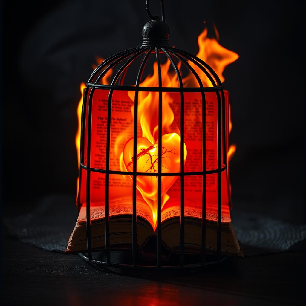 A powerful image of a burning book with vibrant flames engulfing its pages, revealing a glowing, vibrant heart inside