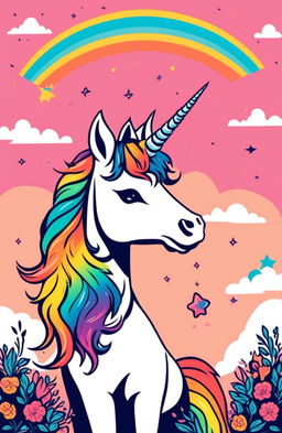 Wes Anderson inspired PFP featuring a rainbow unicorn radiating pure love.