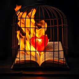A powerful image of a burning book with vibrant flames engulfing its pages, revealing a glowing, vibrant heart inside