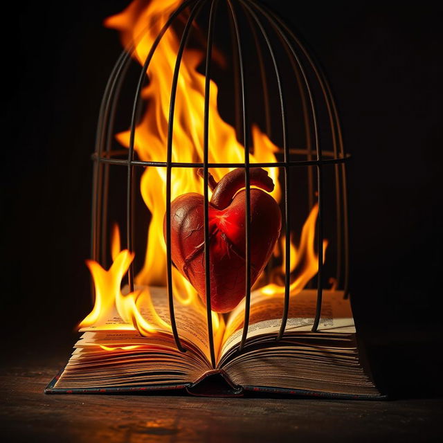 A powerful image of a burning book with vibrant flames engulfing its pages, revealing a glowing, vibrant heart inside