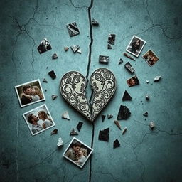An evocative representation of a broken relationship, depicted through a shattered heart symbol lying on a cracked surface