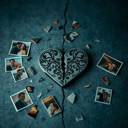 An evocative representation of a broken relationship, depicted through a shattered heart symbol lying on a cracked surface