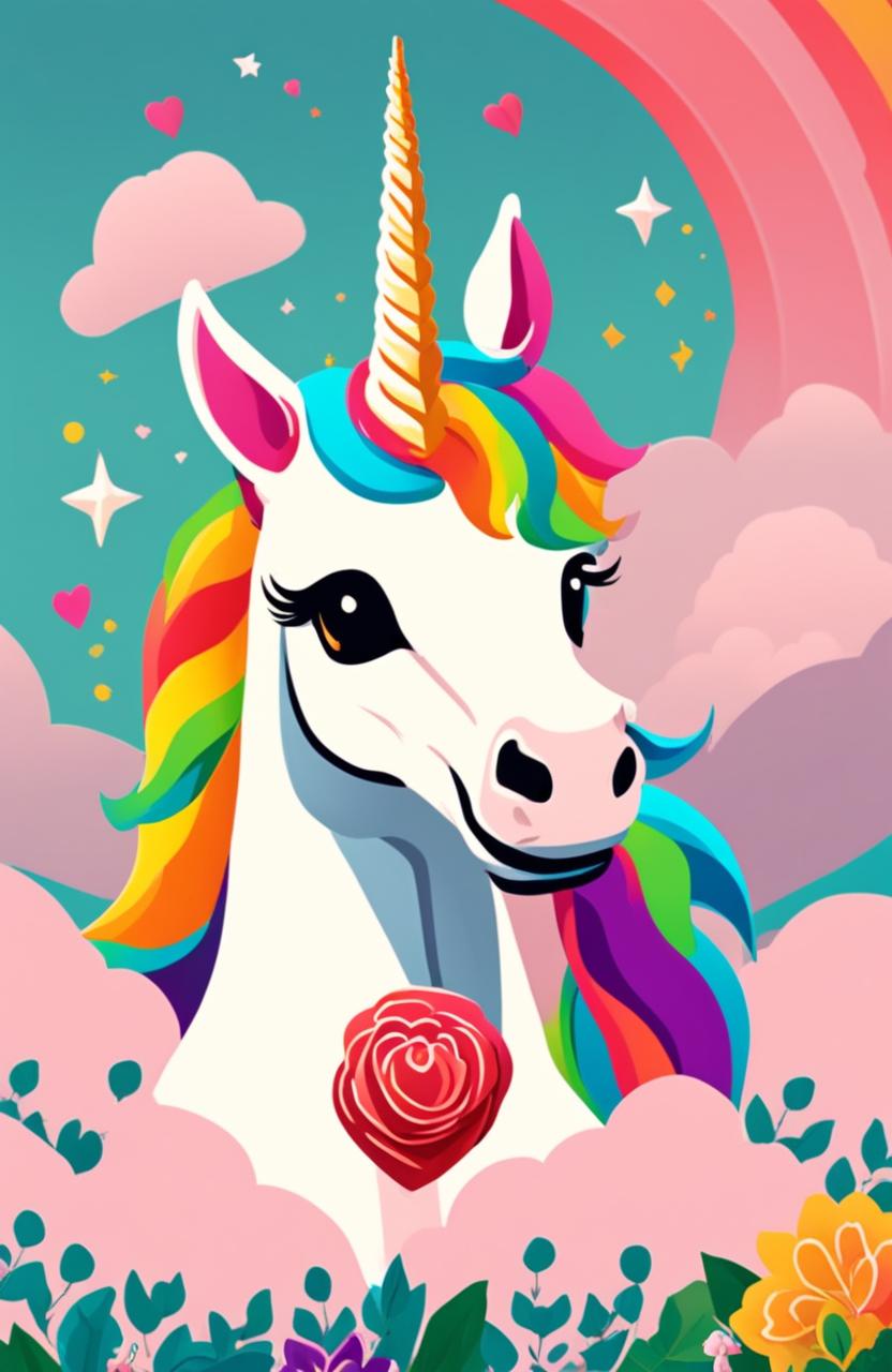 Wes Anderson inspired PFP featuring a rainbow unicorn radiating pure love.