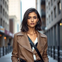 A 33-year-old American woman with dark hair, dressed in a stylish outfit
