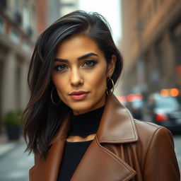 A 33-year-old American woman with dark hair, dressed in a stylish outfit