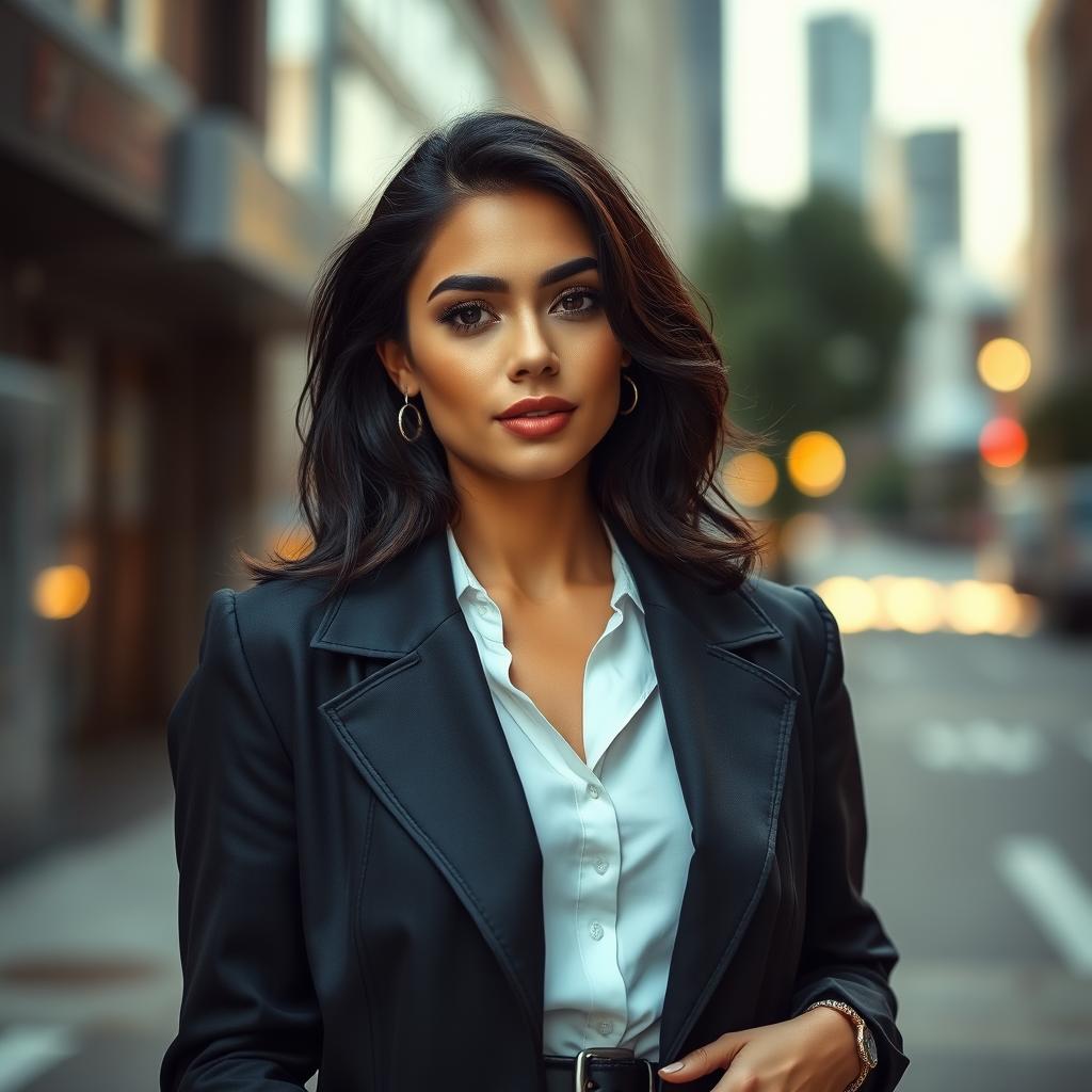 A 33-year-old American woman with dark hair, dressed in a stylish outfit