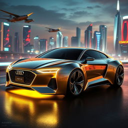 A futuristic Audi car featuring a sleek, aerodynamic design with glowing accents and a shiny metallic finish