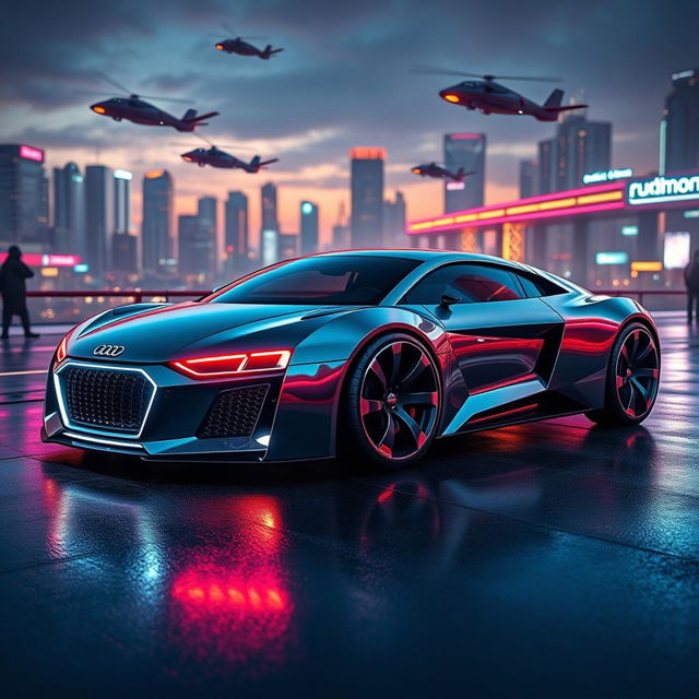 A futuristic Audi car featuring a sleek, aerodynamic design with glowing accents and a shiny metallic finish