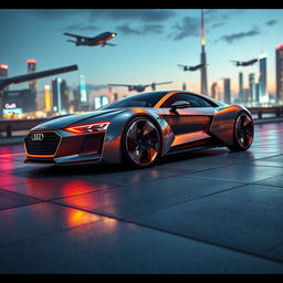 A futuristic Audi car featuring a sleek, aerodynamic design with glowing accents and a shiny metallic finish