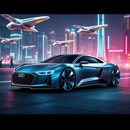 A futuristic Audi car featuring a sleek, aerodynamic design with glowing accents and a shiny metallic finish