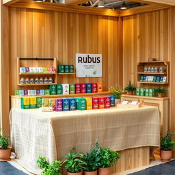 A cozy and eco-friendly large stand setup for a herbal cigarettes brand called rubus