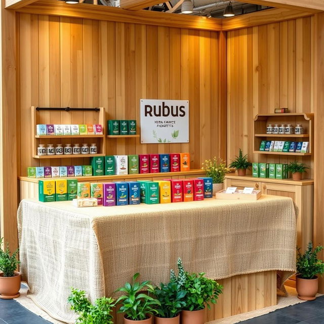 A cozy and eco-friendly large stand setup for a herbal cigarettes brand called rubus