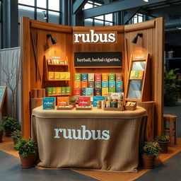 A cozy and eco-friendly large stand setup for a herbal cigarettes brand called rubus