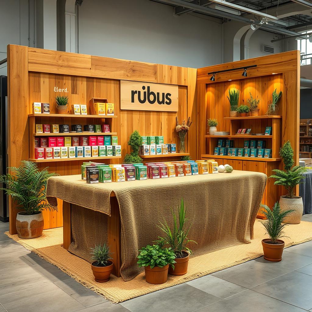 A cozy and eco-friendly large stand setup for a herbal cigarettes brand called rubus