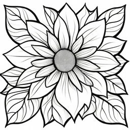 A coloring book page exhibiting large, graceful flourishes coalescing around a detailed sunflower, all composed of clean and precise lines for an elegant visual experience