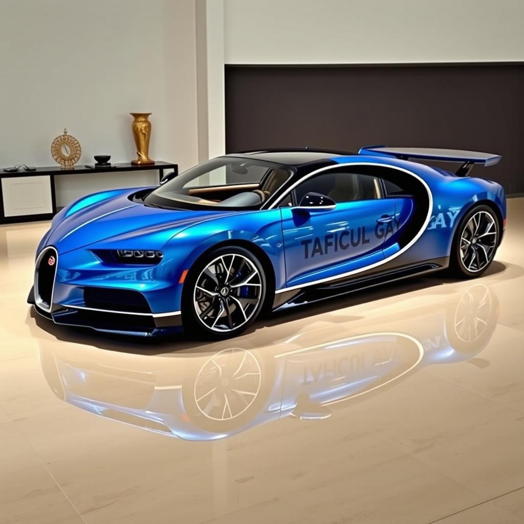 A sleek Bugatti Chiron in a striking metallic blue finish, prominently featuring the brand name 'TAFICUL GAY' in bold, stylish typography on the side