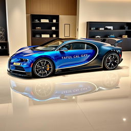 A sleek Bugatti Chiron in a striking metallic blue finish, prominently featuring the brand name 'TAFICUL GAY' in bold, stylish typography on the side
