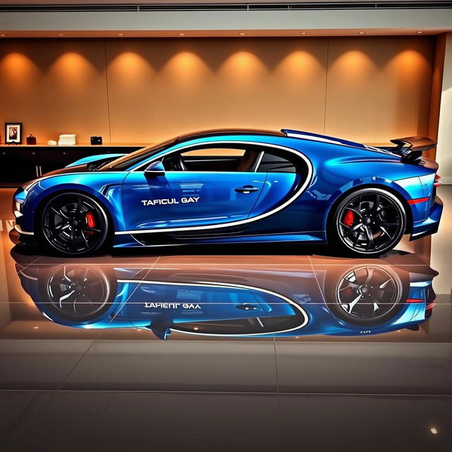 A sleek Bugatti Chiron in a striking metallic blue finish, prominently featuring the brand name 'TAFICUL GAY' in bold, stylish typography on the side