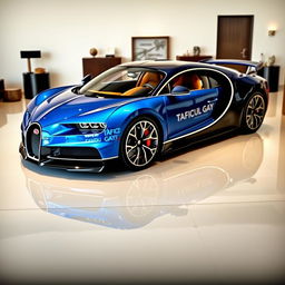 A sleek Bugatti Chiron in a striking metallic blue finish, prominently featuring the brand name 'TAFICUL GAY' in bold, stylish typography on the side