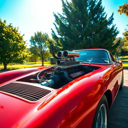 A vintage Ferrari car featuring a powerful V8 engine, captured in a stunning outdoor setting