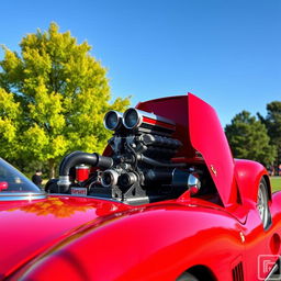 A vintage Ferrari car featuring a powerful V8 engine, captured in a stunning outdoor setting