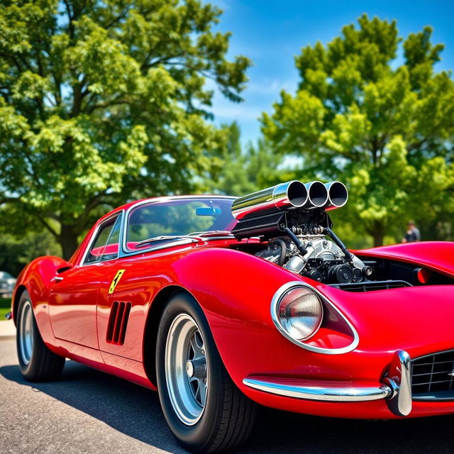 A vintage Ferrari car featuring a powerful V8 engine, captured in a stunning outdoor setting