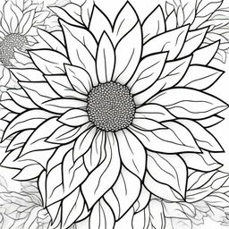 A coloring book page exhibiting large, graceful flourishes coalescing around a detailed sunflower, all composed of clean and precise lines for an elegant visual experience