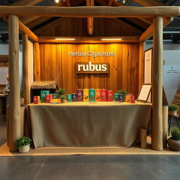 A cozy and eco-friendly large stand setup for a herbal cigarettes brand called rubus