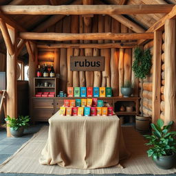 A cozy and eco-friendly large stand setup for a herbal cigarettes brand called rubus