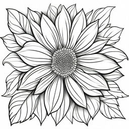 A coloring book page exhibiting large, graceful flourishes coalescing around a detailed sunflower, all composed of clean and precise lines for an elegant visual experience