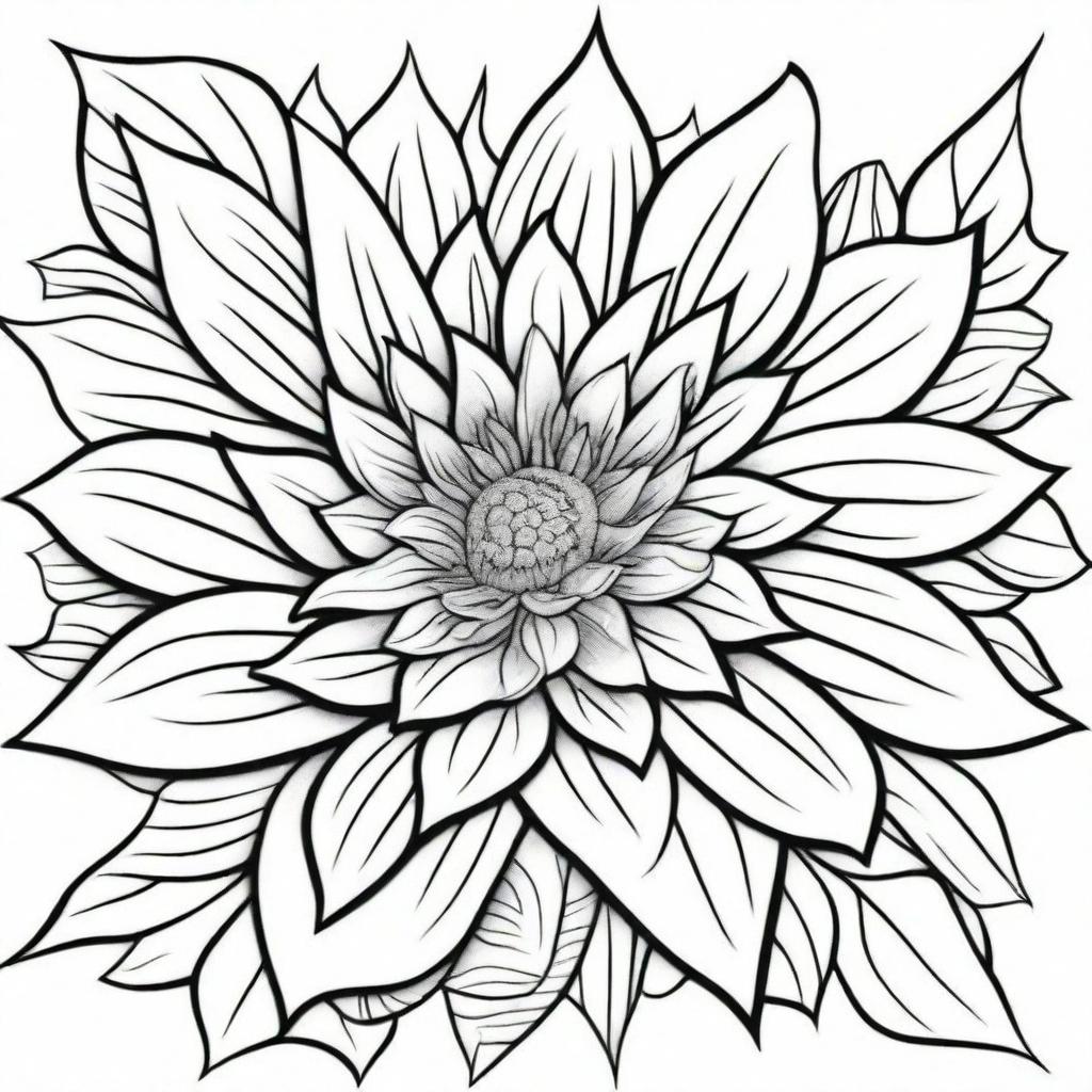 A coloring book page exhibiting large, graceful flourishes coalescing around a detailed sunflower, all composed of clean and precise lines for an elegant visual experience