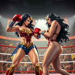 A dynamic and action-packed scene featuring Wonder Woman and Galatea in striking poses while participating in a bikini boxing match