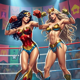 A dynamic and action-packed scene featuring Wonder Woman and Galatea in striking poses while participating in a bikini boxing match