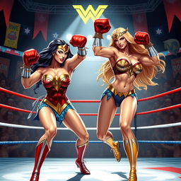 A dynamic and action-packed scene featuring Wonder Woman and Galatea in striking poses while participating in a bikini boxing match