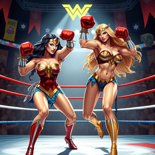 A dynamic and action-packed scene featuring Wonder Woman and Galatea in striking poses while participating in a bikini boxing match