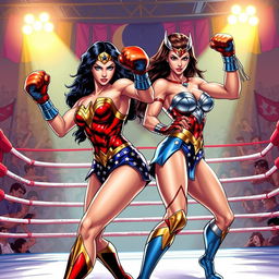 A dynamic and action-packed scene featuring Wonder Woman and Galatea in striking poses while participating in a bikini boxing match