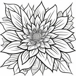 A coloring book page exhibiting large, graceful flourishes coalescing around a detailed sunflower, all composed of clean and precise lines for an elegant visual experience