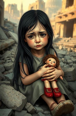 A poignant scene depicting an 8-year-old girl sitting amidst the ruins of a devastated environment, reflecting the aftermath of the Bam earthquake in Iran