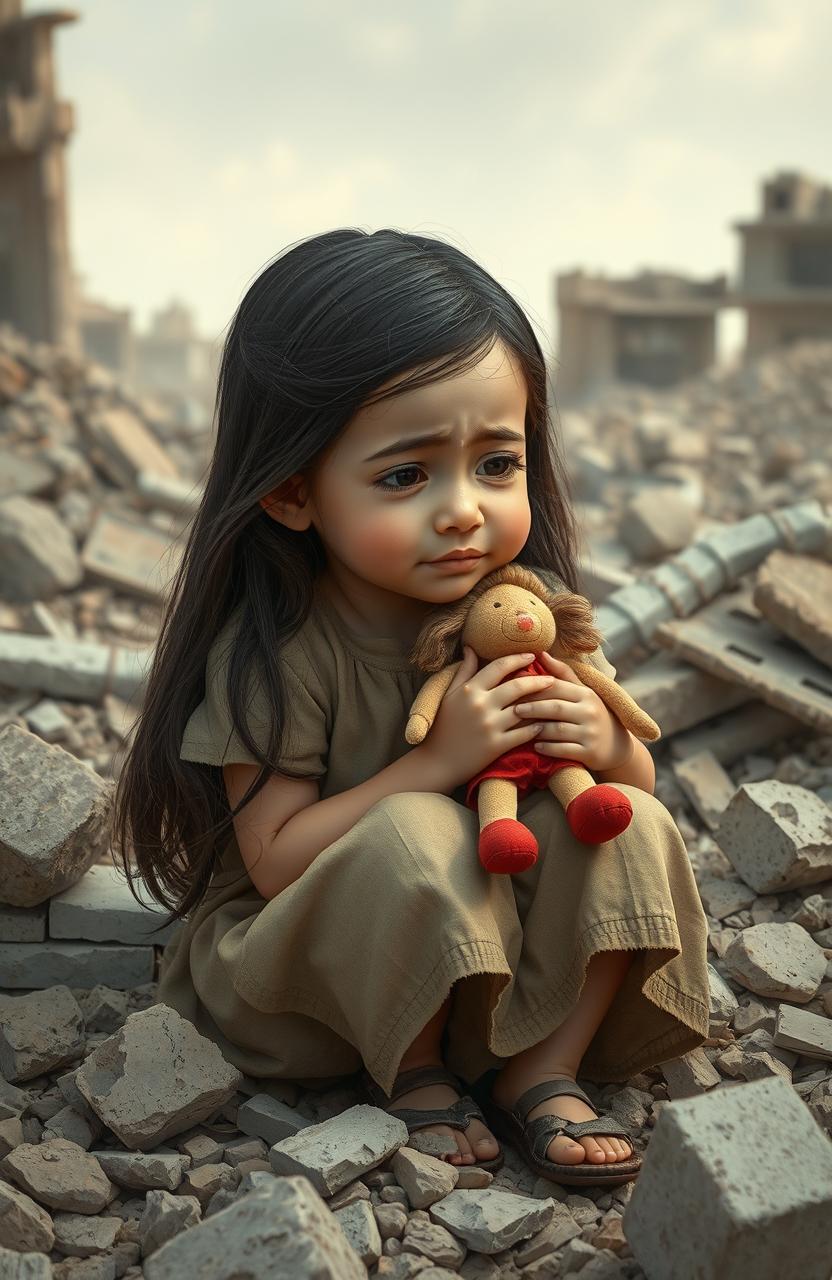 A poignant scene depicting an 8-year-old girl sitting amidst the ruins of a devastated environment, reflecting the aftermath of the Bam earthquake in Iran