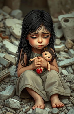 A poignant scene depicting an 8-year-old girl sitting amidst the ruins of a devastated environment, reflecting the aftermath of the Bam earthquake in Iran