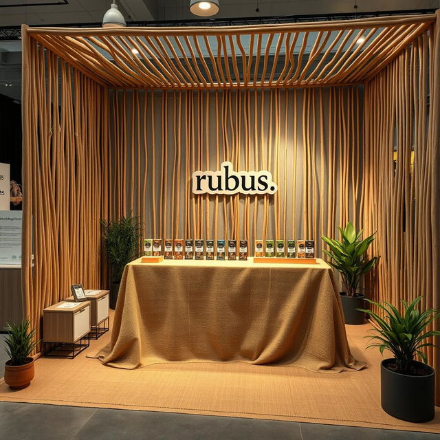 A cozy and eco-friendly large stand setup for a herbal cigarettes brand called rubus